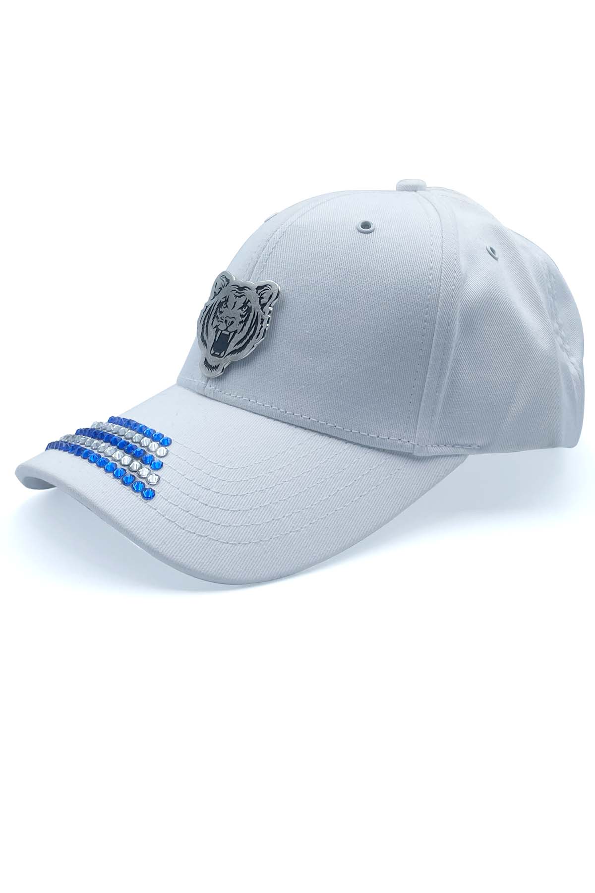 White cap with blue swarovski stones