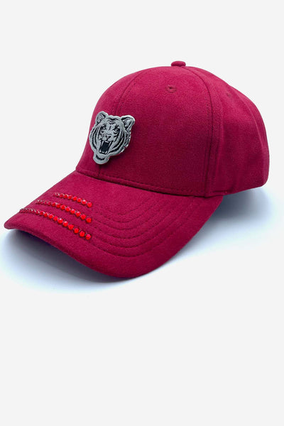 RED SWAROWSKI CRYSTAL TIGER CAP SUEDE