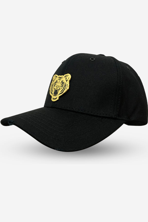 BLACK DISTRESSED BASEBALL CAP (GOLD TIGER)